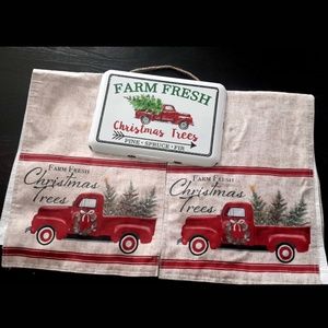 2 x Christmas Tree Tabke Runners 1 x metal sign Christmas Farm Fresh Tree  Truck